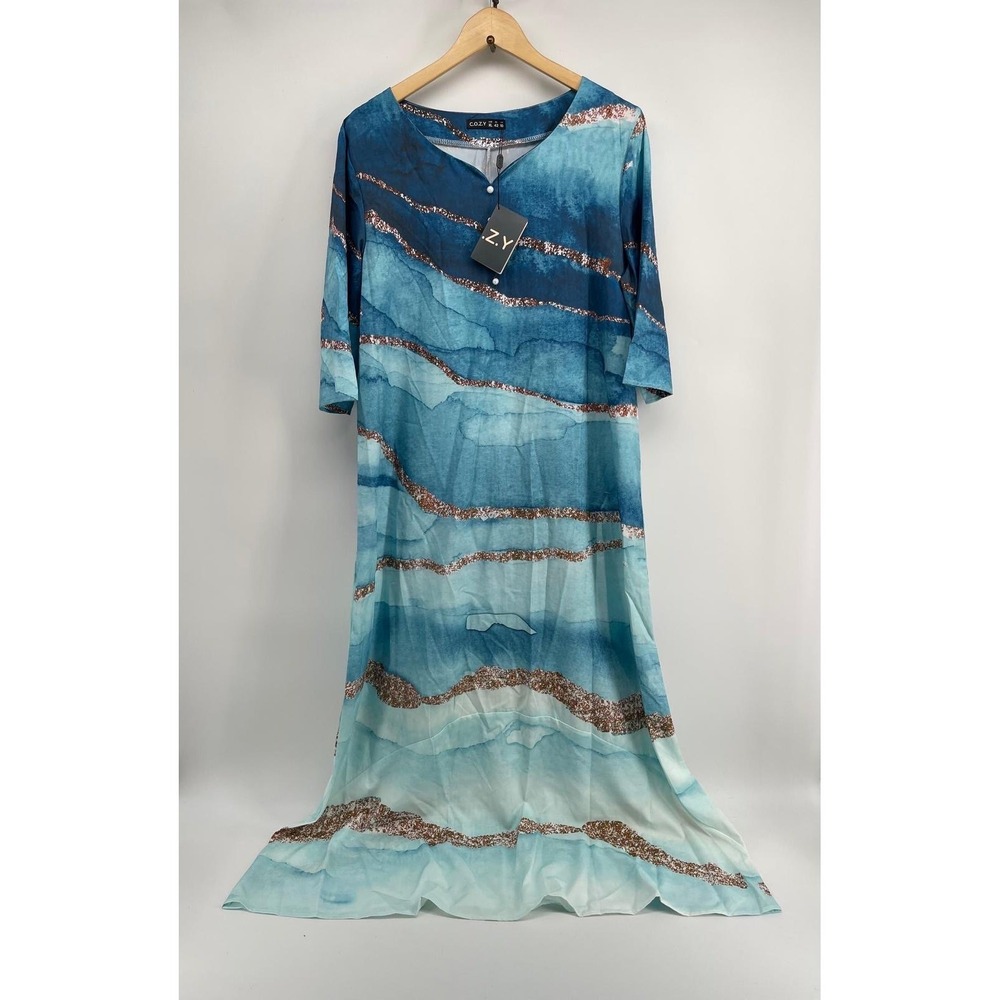 COZY Blue Abstract Watercolor Glitter Stripe Maxi Dress XL US 10 1115897#